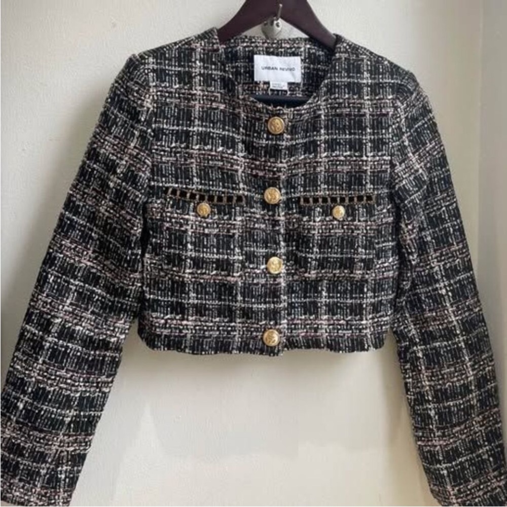 Urban Revivo Black Tweed Cropped Blazer with Gold Buttons
